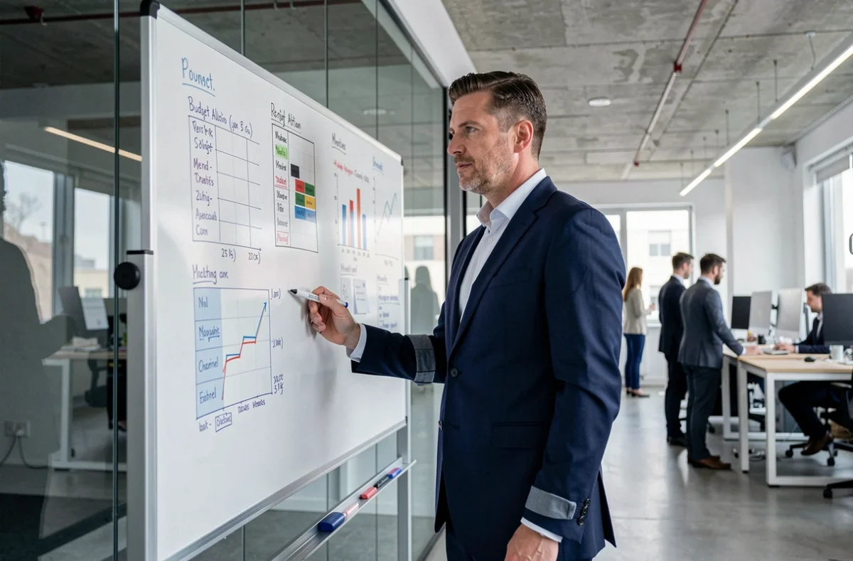 Directeur marketing analysant la répartition budgétaire entre agences média traditionnelles et agence programmatique Maxus dans un bureau moderne