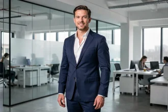 Dirigeant de la French Tech en costume marine debout dans un open space moderne, illustrant le scrutin médiatique des entrepreneurs tech français