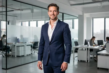 Dirigeant de la French Tech en costume marine debout dans un open space moderne, illustrant le scrutin médiatique des entrepreneurs tech français
