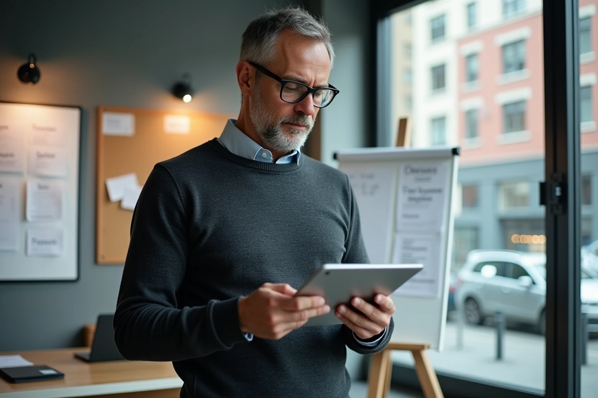Chef de PME lisant et évaluant un site d'actualités économiques sur une tablette au bureau