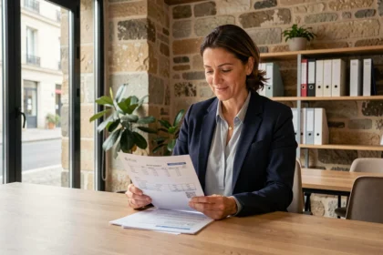 Femme professionnelle consultant des documents de domiciliation d'entreprise dans un espace de coworking à Bayonne avec architecture basque en arrière-plan