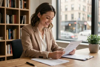 Femme dirigeante travaillant depuis son bureau à domicile à Orléans pour domicilier son entreprise sans local commercial