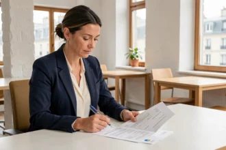 Femme d'affaires examinant des documents de domiciliation d'entreprise dans un espace de coworking moderne à Marseille