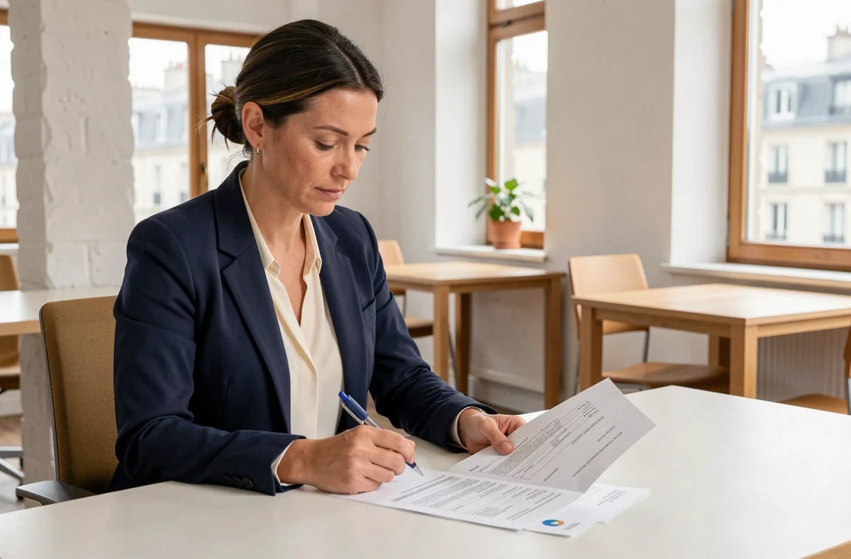Femme d'affaires examinant des documents de domiciliation d'entreprise dans un espace de coworking moderne à Marseille