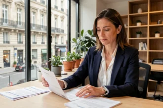 Femme d'affaires consultant des documents de domiciliation d'entreprise dans un espace de coworking moderne à Metz