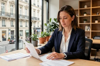 Femme d'affaires consultant des documents de domiciliation d'entreprise dans un espace de coworking moderne à Metz