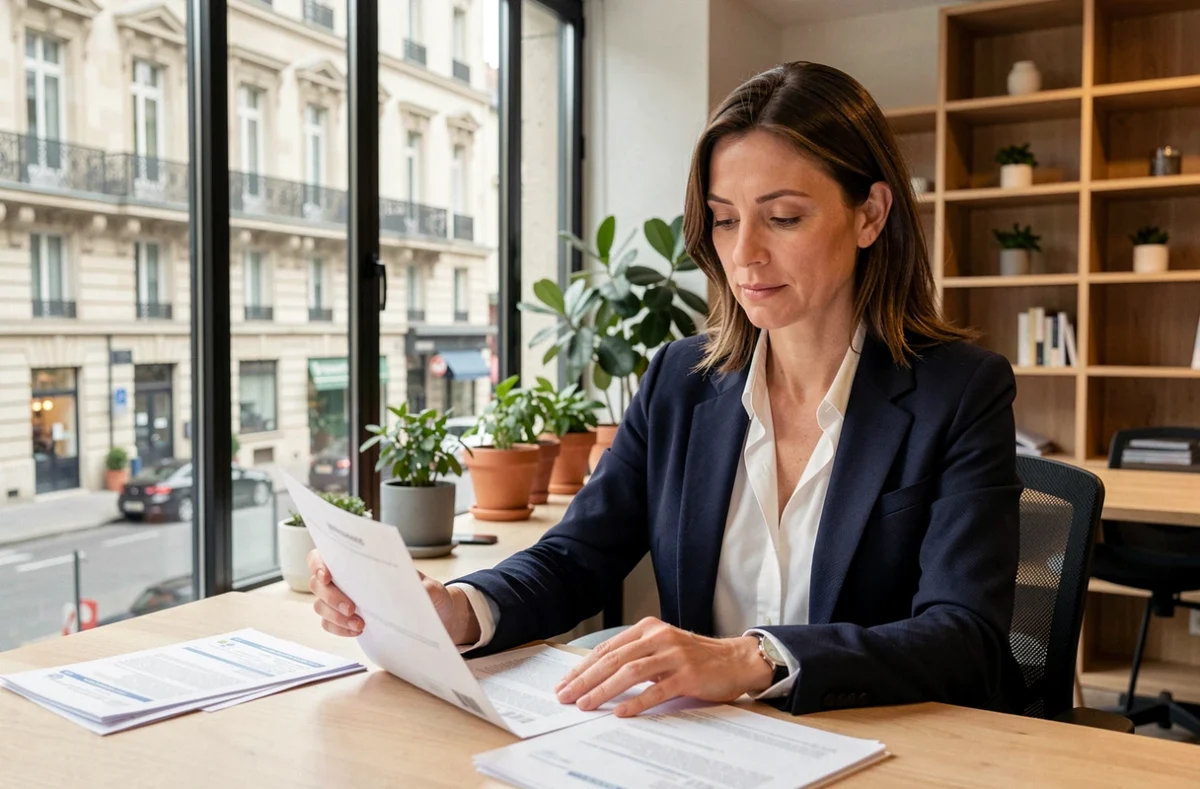 Femme d'affaires consultant des documents de domiciliation d'entreprise dans un espace de coworking moderne à Metz