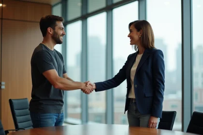 Femme en blazer serre la main d'un jeune homme en T-shirt dans un bureau moderne