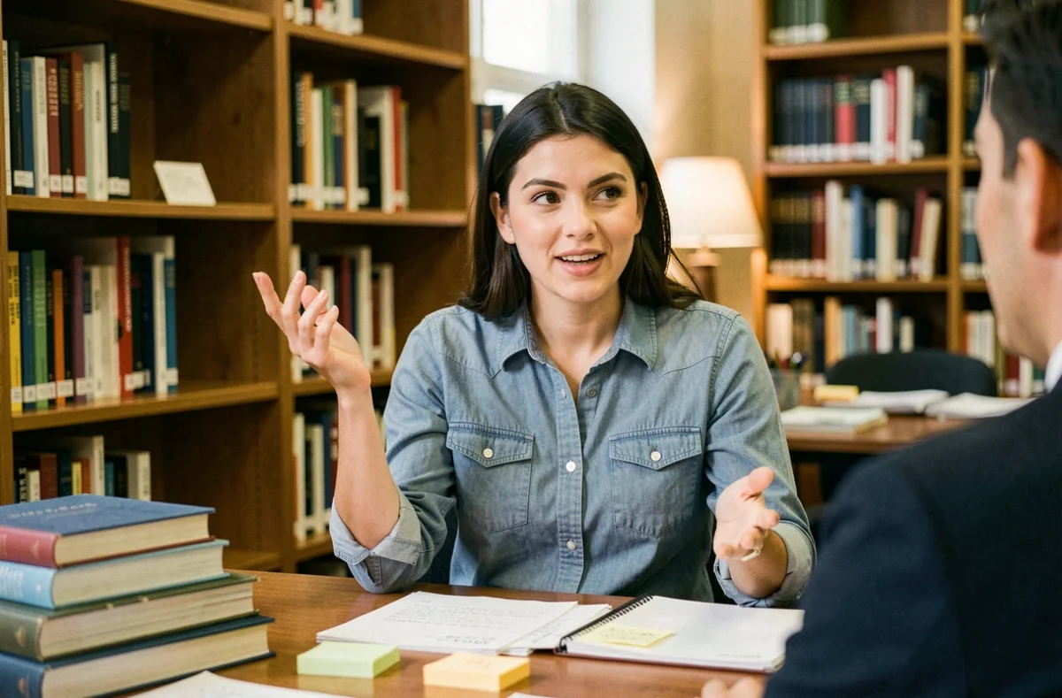 Une jeune femme exprimant une confiance excessive lors d'une explication, évoquant l'effet Dunning-Kruger et la surestimation des compétences