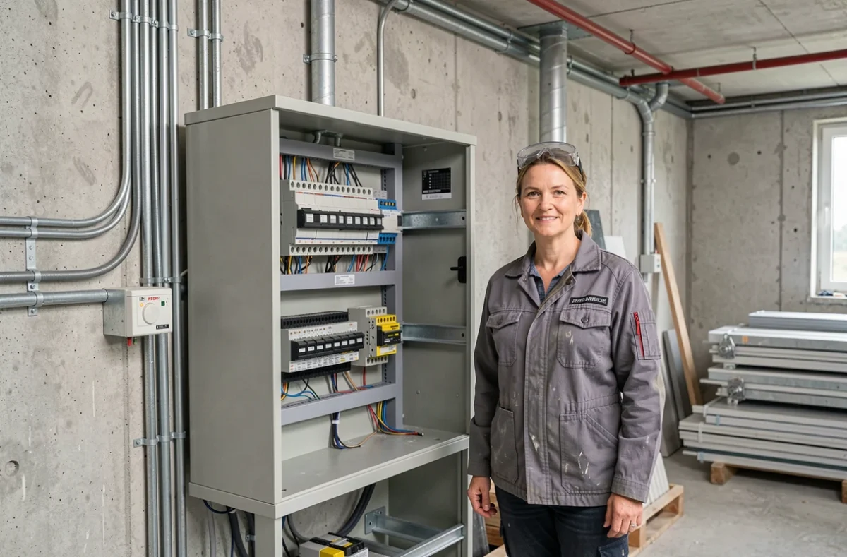 Électricienne professionnelle sur un chantier de rénovation, représentation du féminin dans les métiers du bâtiment