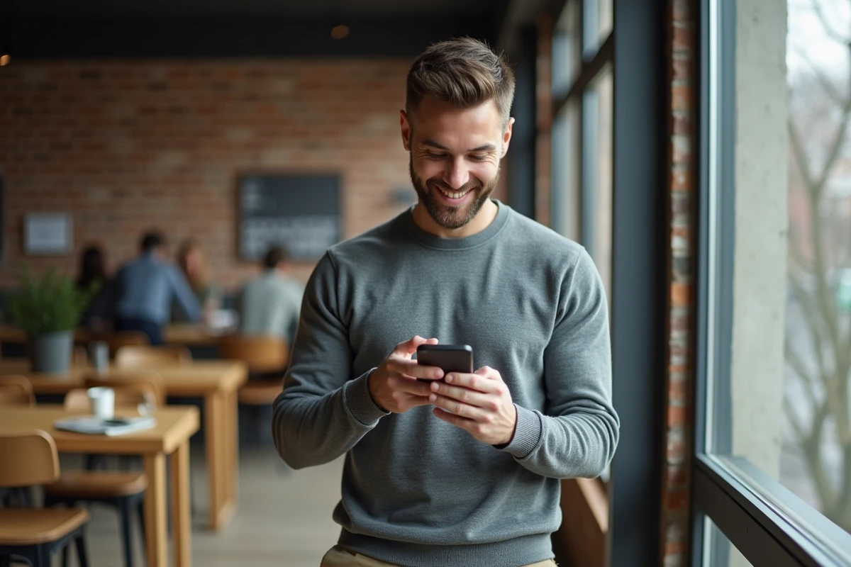 Employé vérifiant ses offres d'avantages salariés sur son smartphone dans un espace de travail collaboratif