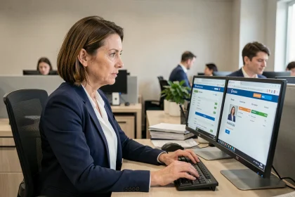 Employée de La Poste naviguant entre les portails RH GTA et m@rh sur un ordinateur de bureau en open space
