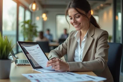Employée LOXAM consultant les réductions CSE sur une tablette dans un bureau moderne