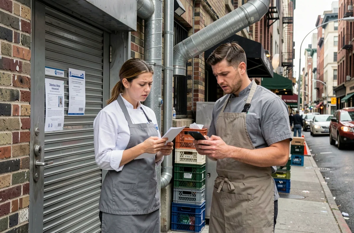 Employés de restaurant en arrière-cour discutant de leur situation salariale après une fermeture administrative sanitaire