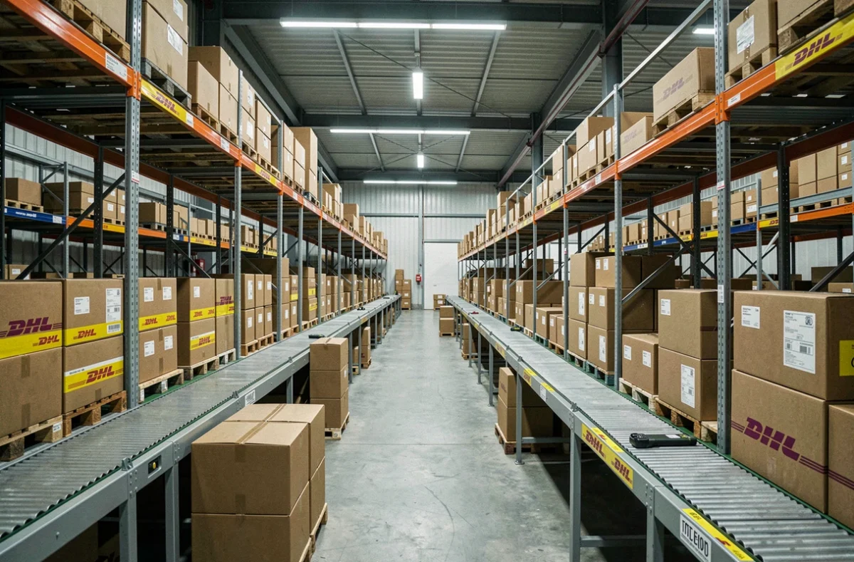 Entrepôt de tri DHL à l'arrêt avec des colis immobiles sur les tapis roulants pendant une grève logistique