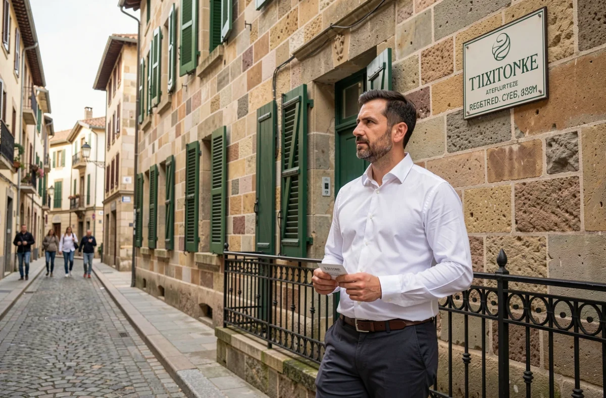 Entrepreneur masculin devant un bâtiment basque traditionnel à Bayonne tenant une carte de visite liée à son adresse de domiciliation professionnelle