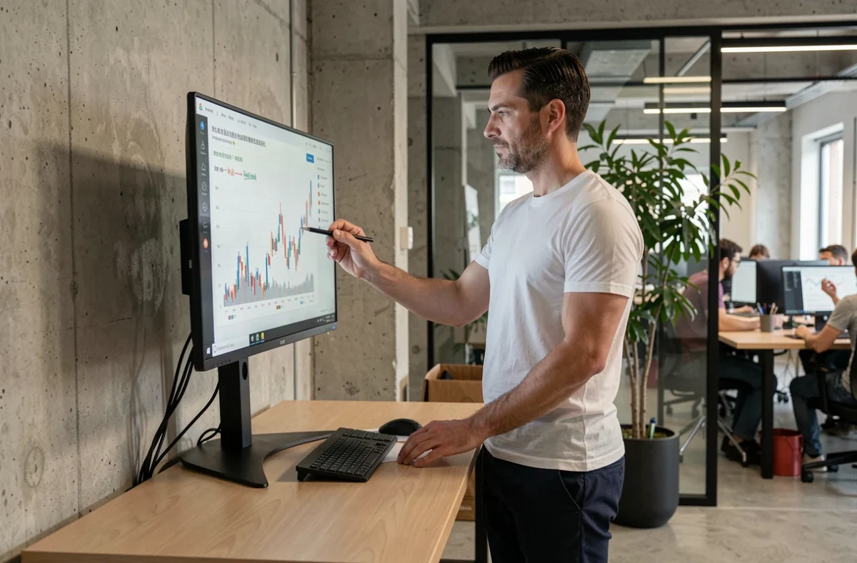 Entrepreneur masculin analysant des graphiques de croissance de son activité en ligne dans un espace de coworking moderne