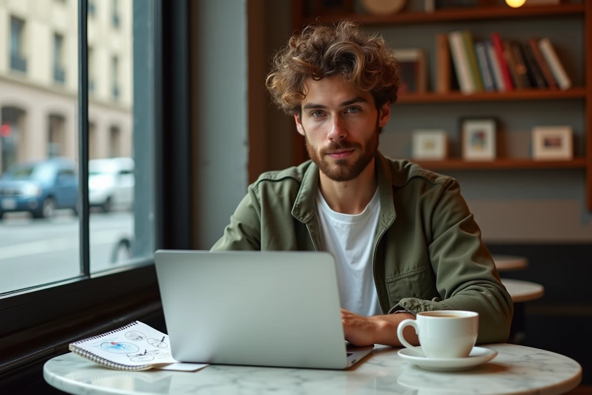 Jeune entrepreneur dans un café avec un ordinateur affichant un tableau de bord MVP et des schémas de parcours utilisateur