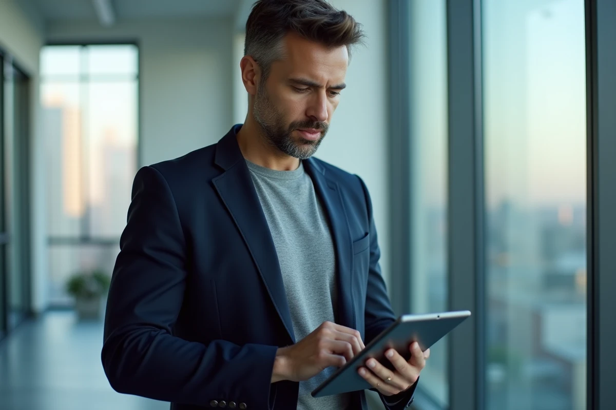 Entrepreneur masculin lisant un magazine dédié aux créateurs d'entreprise sur une tablette devant une vue urbaine
