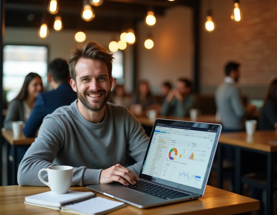Entrepreneur utilisant un outil d'automatisation marketing IA sur son ordinateur portable dans un espace de coworking