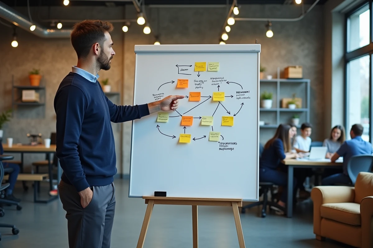 Entrepreneur expliquant la structure de son business sur un tableau blanc dans un espace de coworking moderne