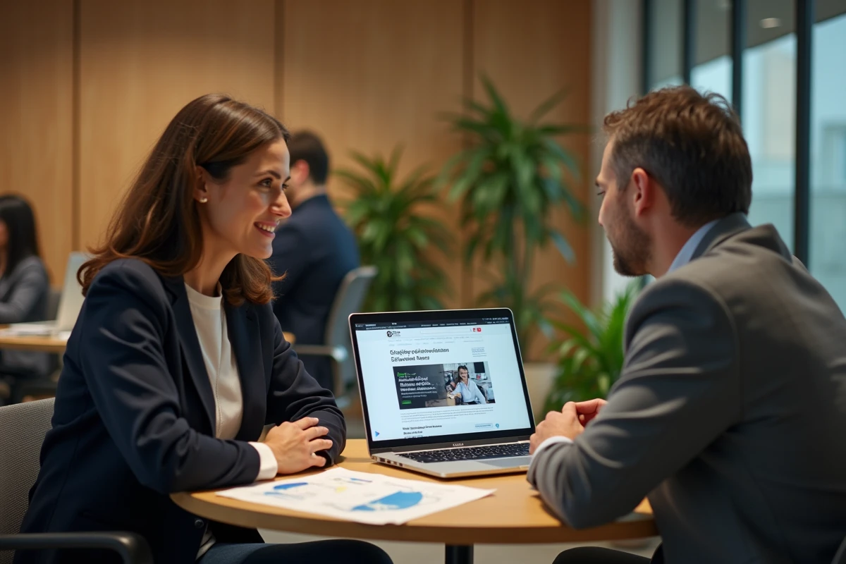 Deux entrepreneurs comparant des sites d'actualités PME ensemble dans un espace de coworking