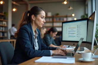 Entrepreneuse comparant des sites d'actualités PME sur deux écrans dans un bureau moderne