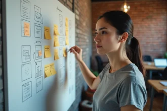 Entrepreneuse devant un tableau blanc avec des post-it et wireframes d'un prototype MVP dans un espace de co-working