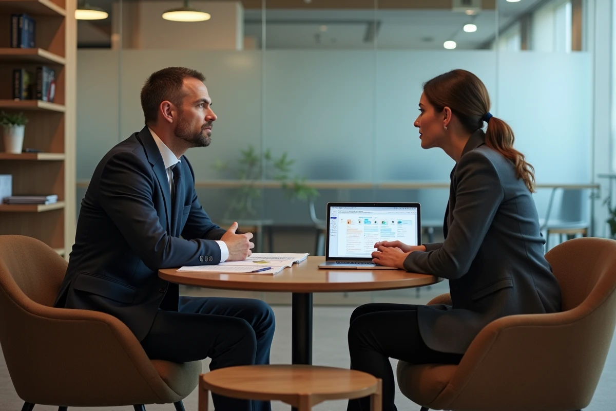 Entretien professionnel entre un expert technique senior et une directrice RH discutant des options de promotion sans appliquer la loi de Peters