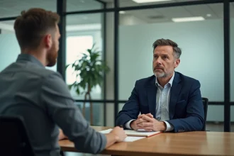 Responsable RH en entretien bienveillant avec un employé dans un bureau d'entreprise moderne, illustrant l'accompagnement face à l'alcool au travail