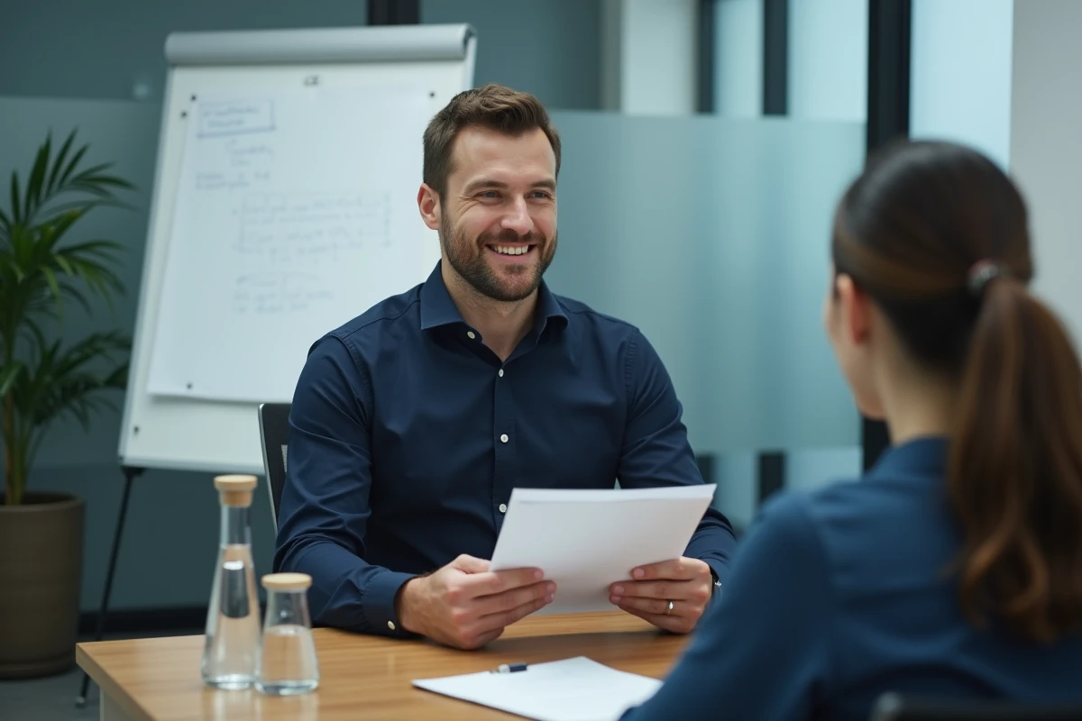 Employé en entretien avec un responsable RH pour discuter d'une rupture conventionnelle à temps partiel