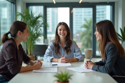 Groupe de jeunes adultes en réunion d'équipe dans un bureau moderne
