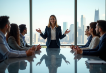 Groupe de professionnels en réunion avec une femme leader
