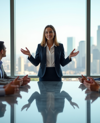 Groupe de professionnels en réunion avec une femme leader