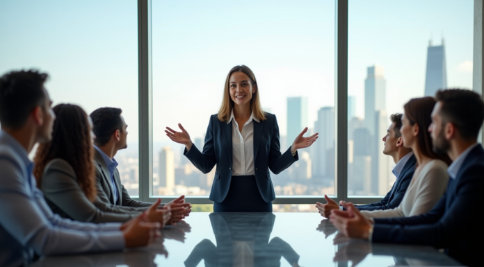 Groupe de professionnels en réunion avec une femme leader