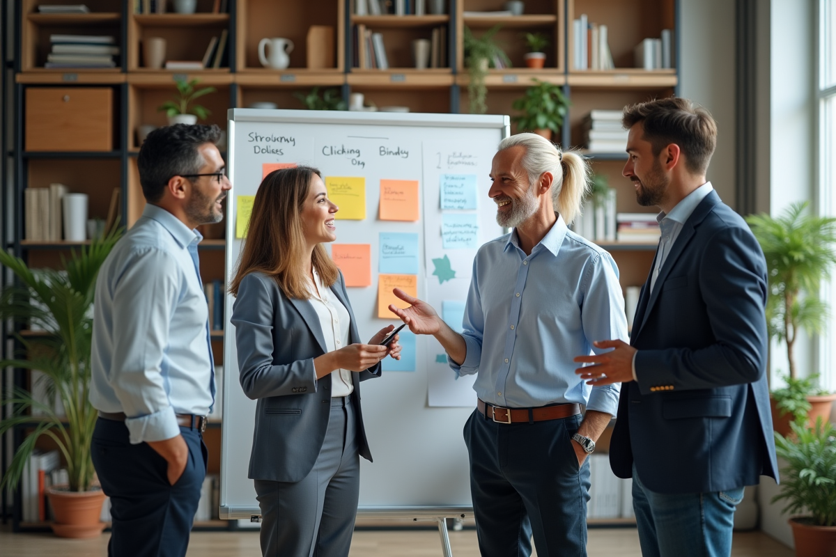 Groupe de professionnels en discussion dans un open space