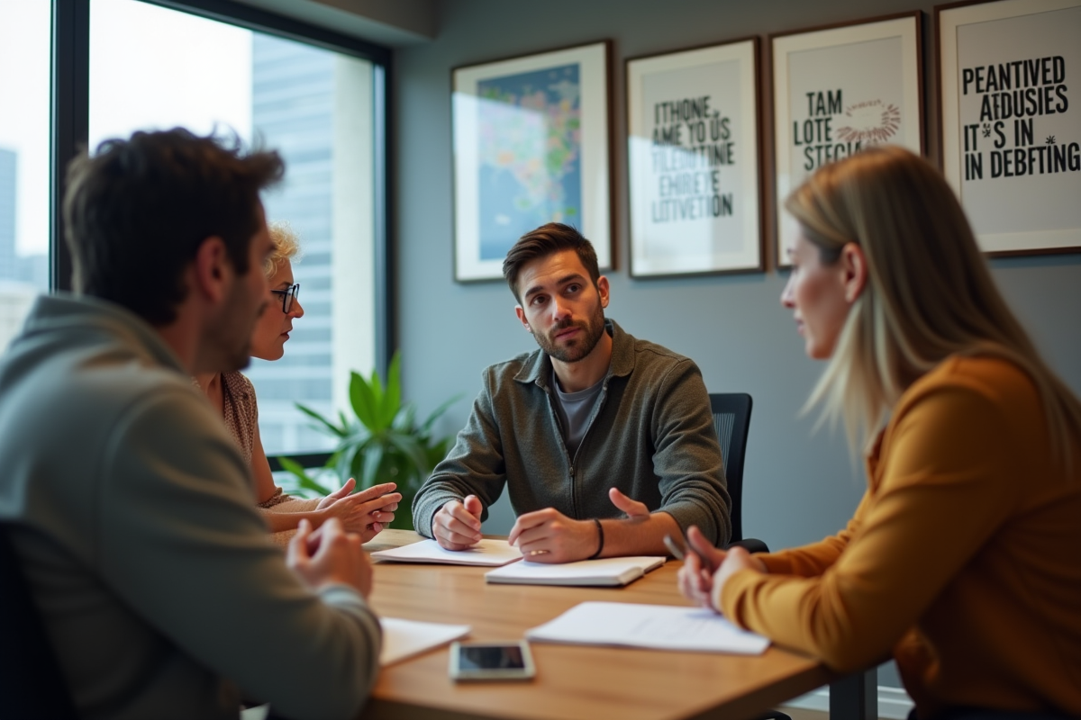 Groupe de collègues en réunion dans une salle de travail