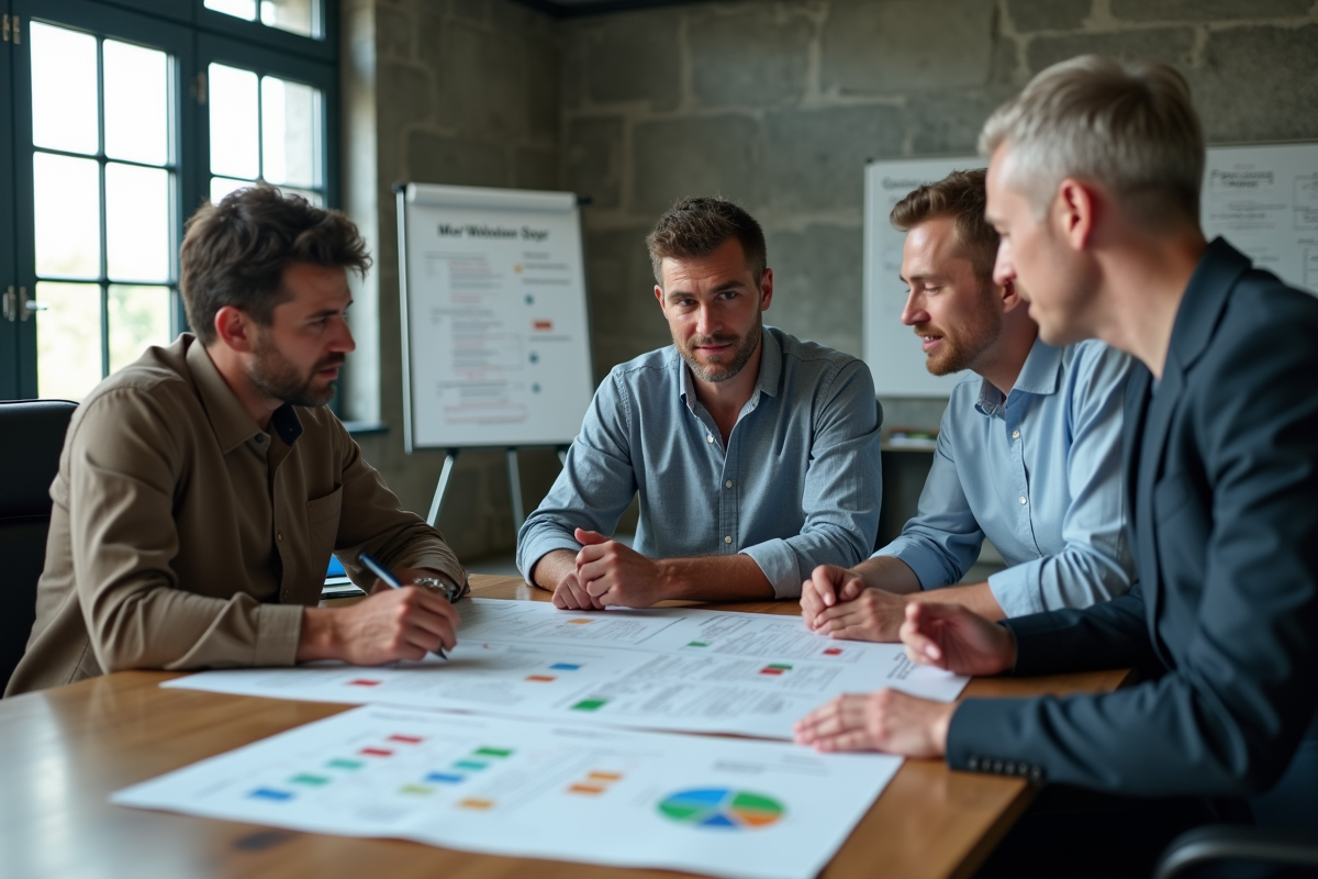 Groupe de professionnels discute de diagrammes ISO 50001 en réunion