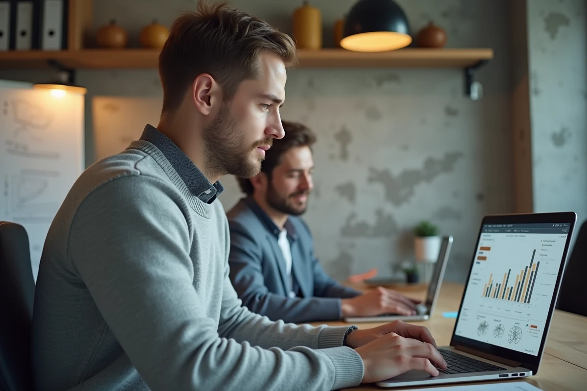Équipe finance PME collaborant autour d'un logiciel de planification de trésorerie dans un espace de travail ouvert