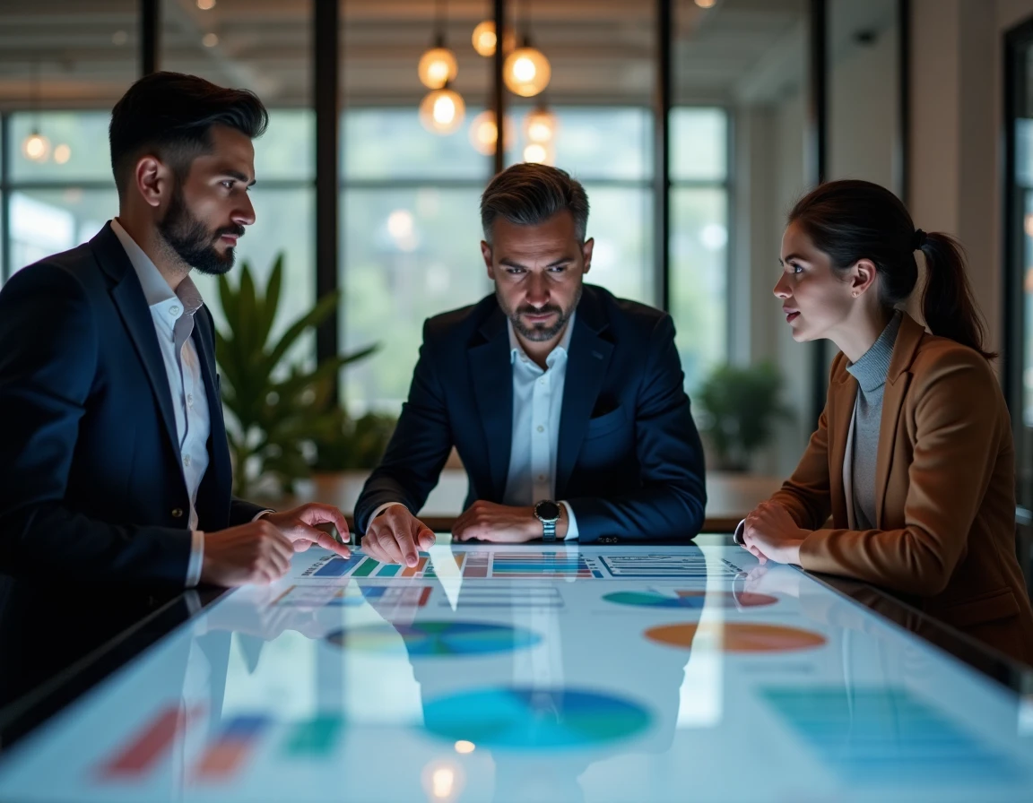 Équipe marketing collaborant autour d'un écran tactile affichant une segmentation client basée sur l'intelligence artificielle