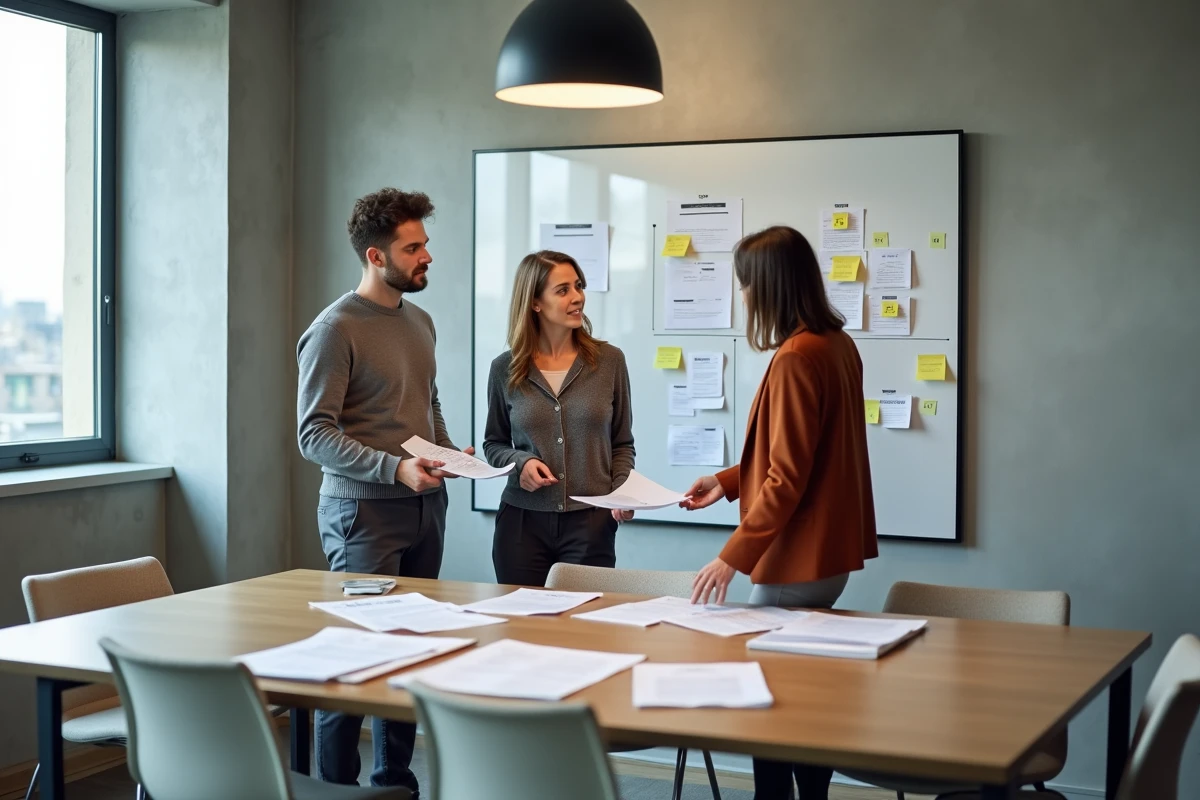 Équipe RH en réunion de travail autour d'un tableau de processus dans une salle moderne d'entreprise