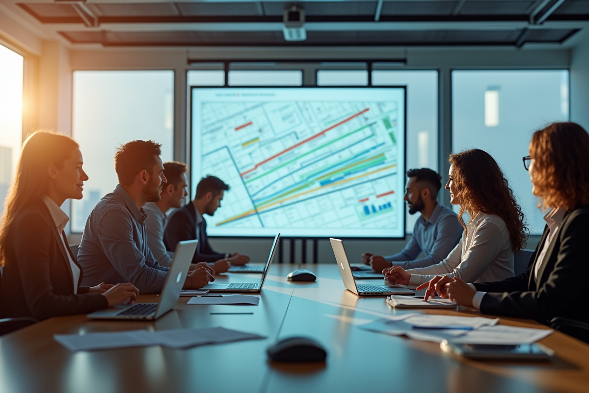 Equipe supply chain en réunion analysant des routes de distribution