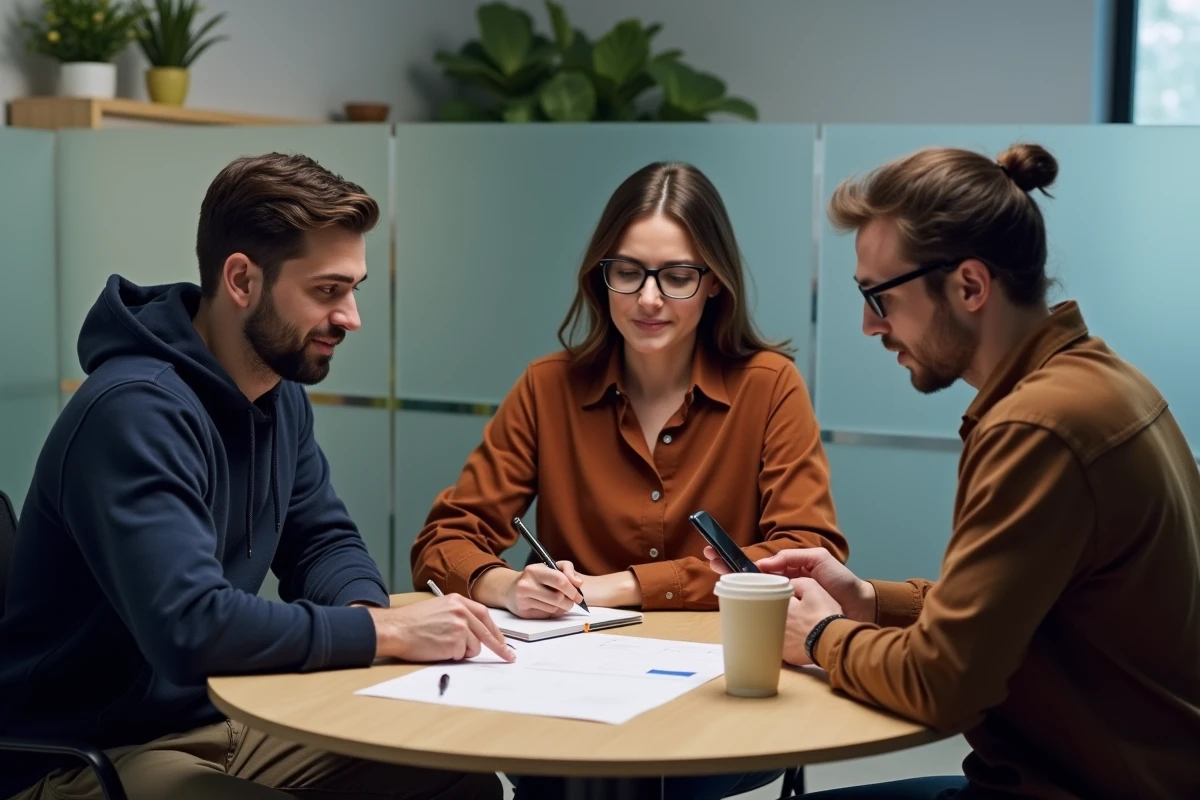 Équipe de trois professionnels analysant un prototype de landing page lors d'une session de validation MVP