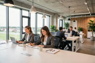 Espace de coworking moderne à Orly avec des professionnels travaillant sur leurs ordinateurs portables dans un open space lumineux proche de l'aéroport