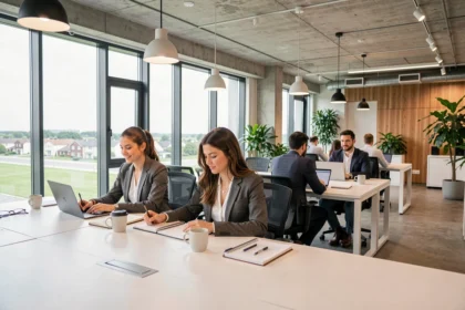 Espace de coworking moderne à Orly avec des professionnels travaillant sur leurs ordinateurs portables dans un open space lumineux proche de l'aéroport
