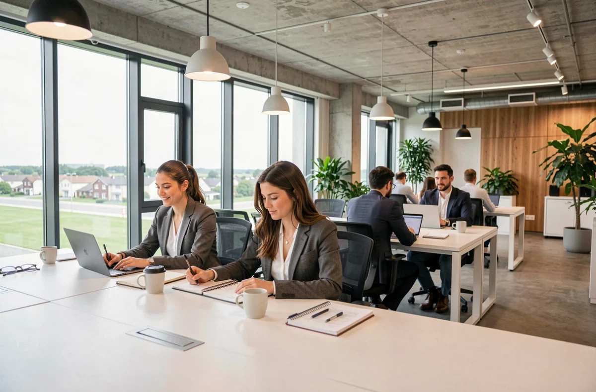 Espace de coworking moderne à Orly avec des professionnels travaillant sur leurs ordinateurs portables dans un open space lumineux proche de l'aéroport