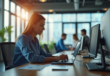 Espace de travail ouvert avec professionnels et femme analysant des données