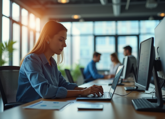 Les perspectives d’avenir des métiers en E Espace de travail ouvert avec professionnels et femme analysant des données