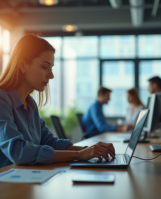Espace de travail ouvert avec professionnels et femme analysant des données