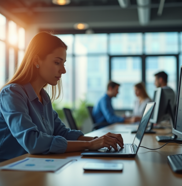 Espace de travail ouvert avec professionnels et femme analysant des données